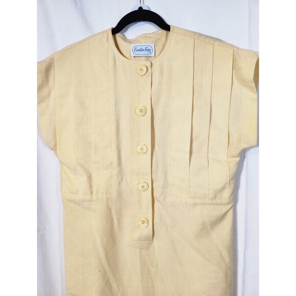 Vintage 80s Small $75 Butter Yellow Union Made Pleated Button Front Sheath Dress - Picture 2 of 8